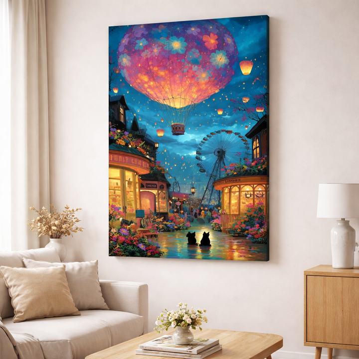 Dreamy Night Balloon Town Canvas