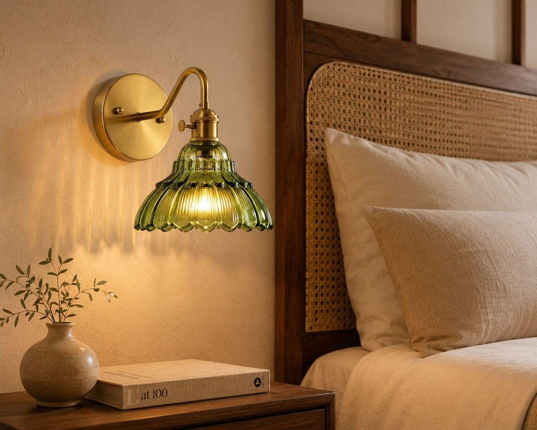 Vintage green ribbed glass wall sconce with brass finish beside a bed