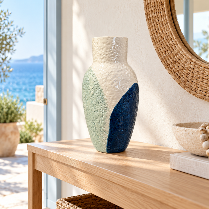 Textured Ceramic Vase with Blue and Sage Green Accents