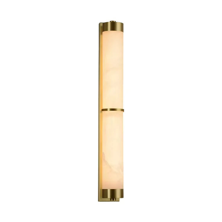 Modern vertical brass wall light with a cylindrical opal glass shade