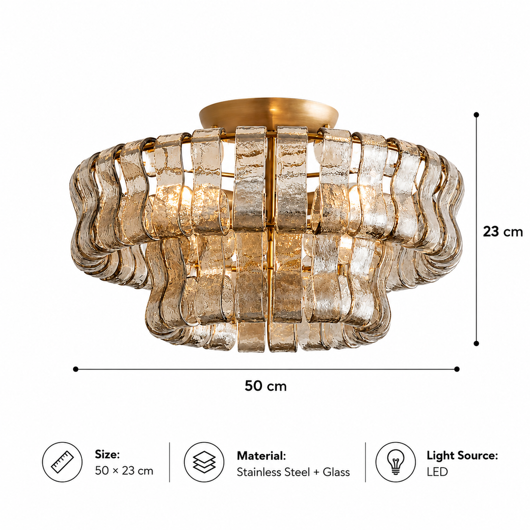 Modern Gold Flush Mount Ceiling Light with Textured Curved Glass Panels