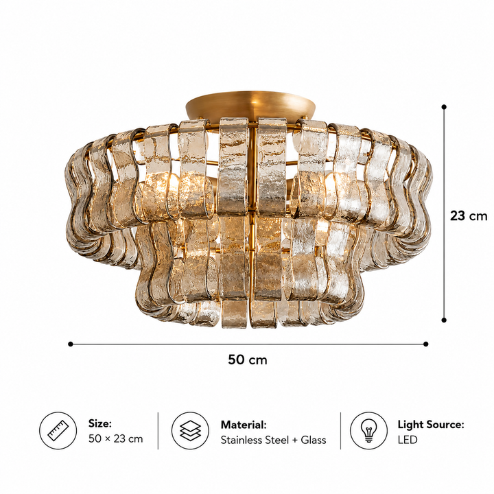 Modern Gold Flush Mount Ceiling Light with Textured Curved Glass Panels