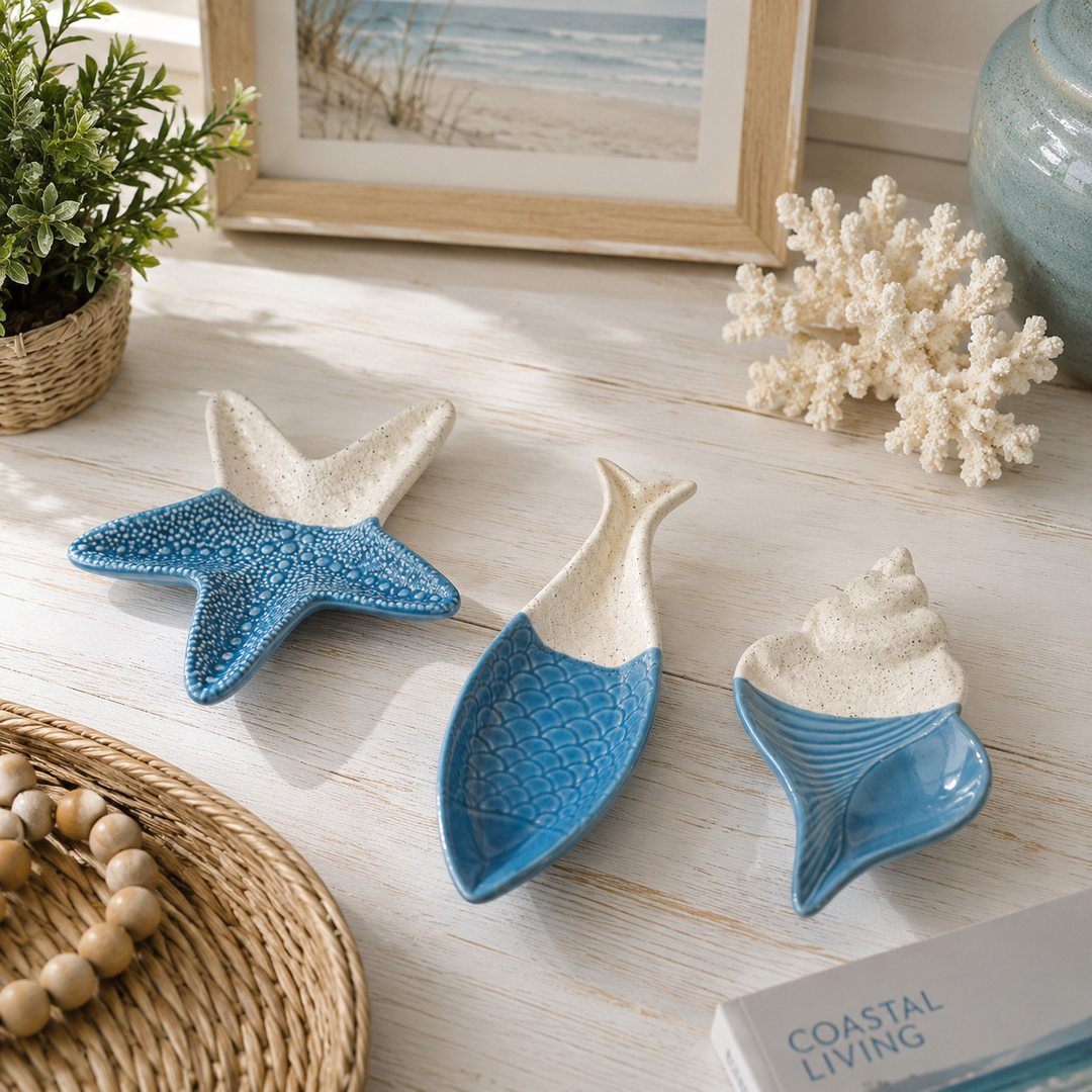 Coastal Ceramic Sea Life Decorative Dish Set of 3