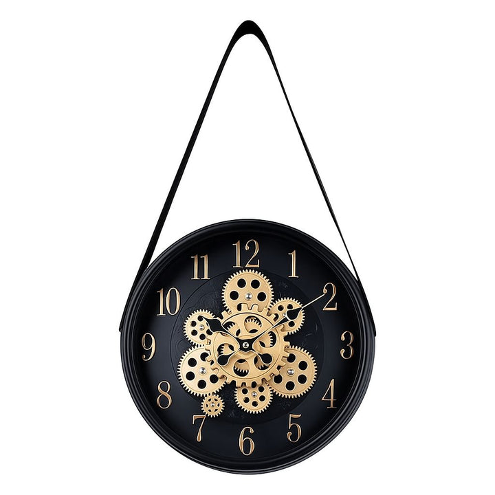 Black and Gold Gear Wall Clock with Strap Hanger