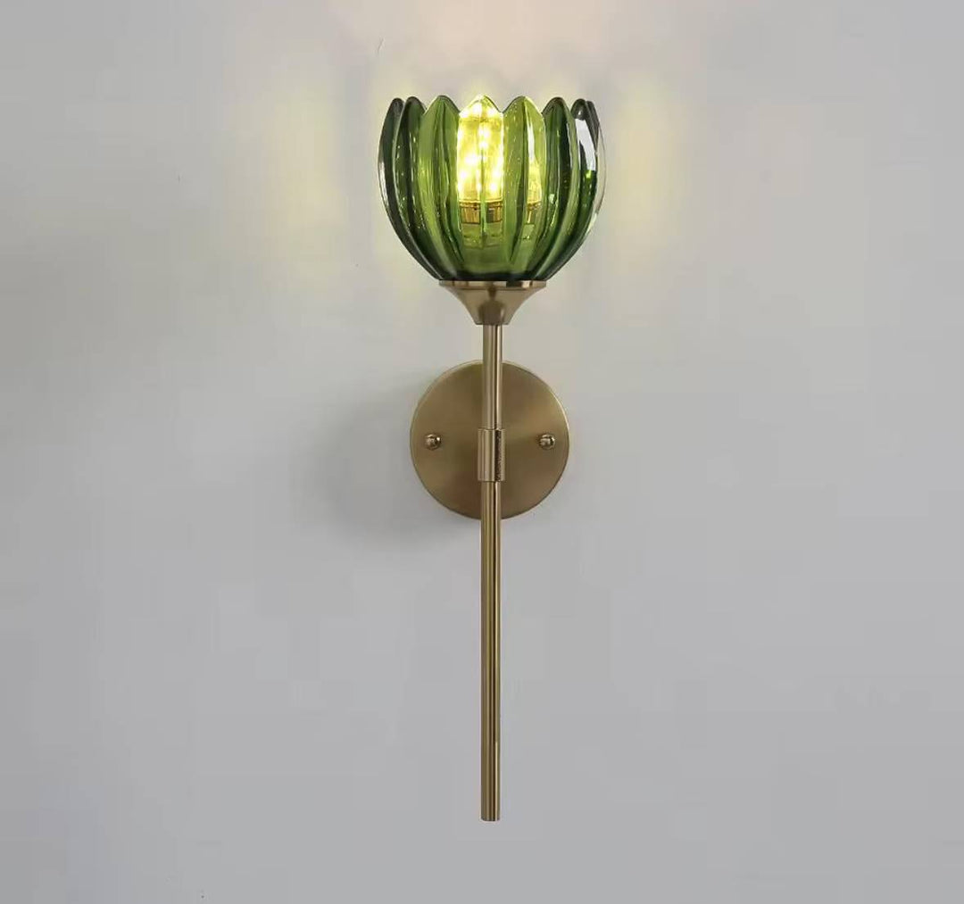 Brass glass wall sconce with ribbed clear glass and brushed brass finish