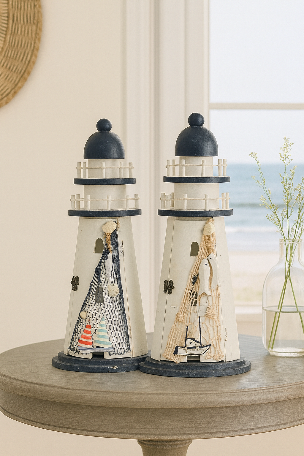 Decorative nautical lighthouse with sailboats, seashells, and netting