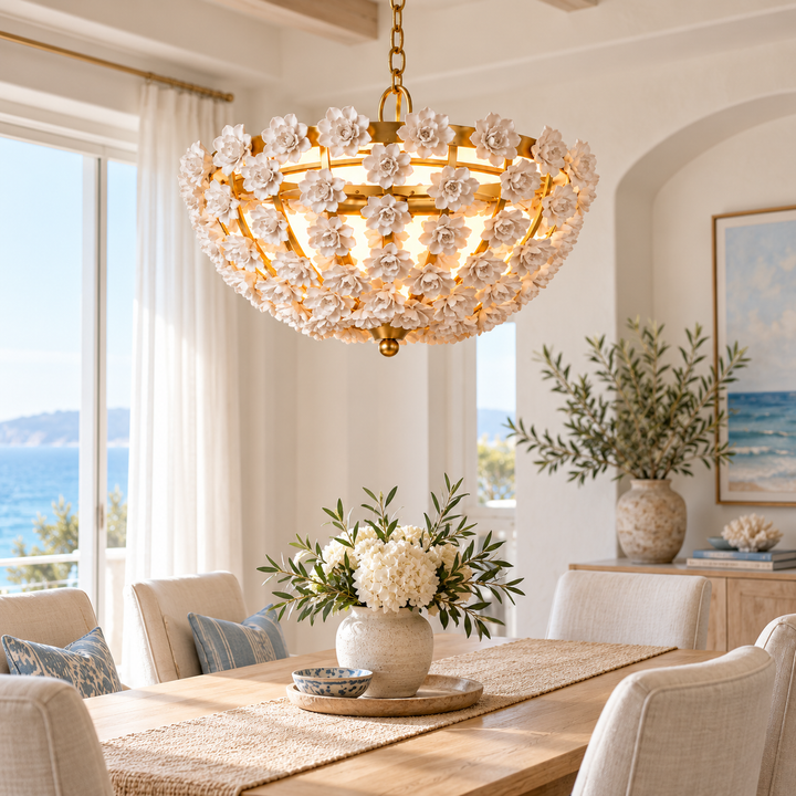 White Floral Gold-Frame Bowl Chandelier