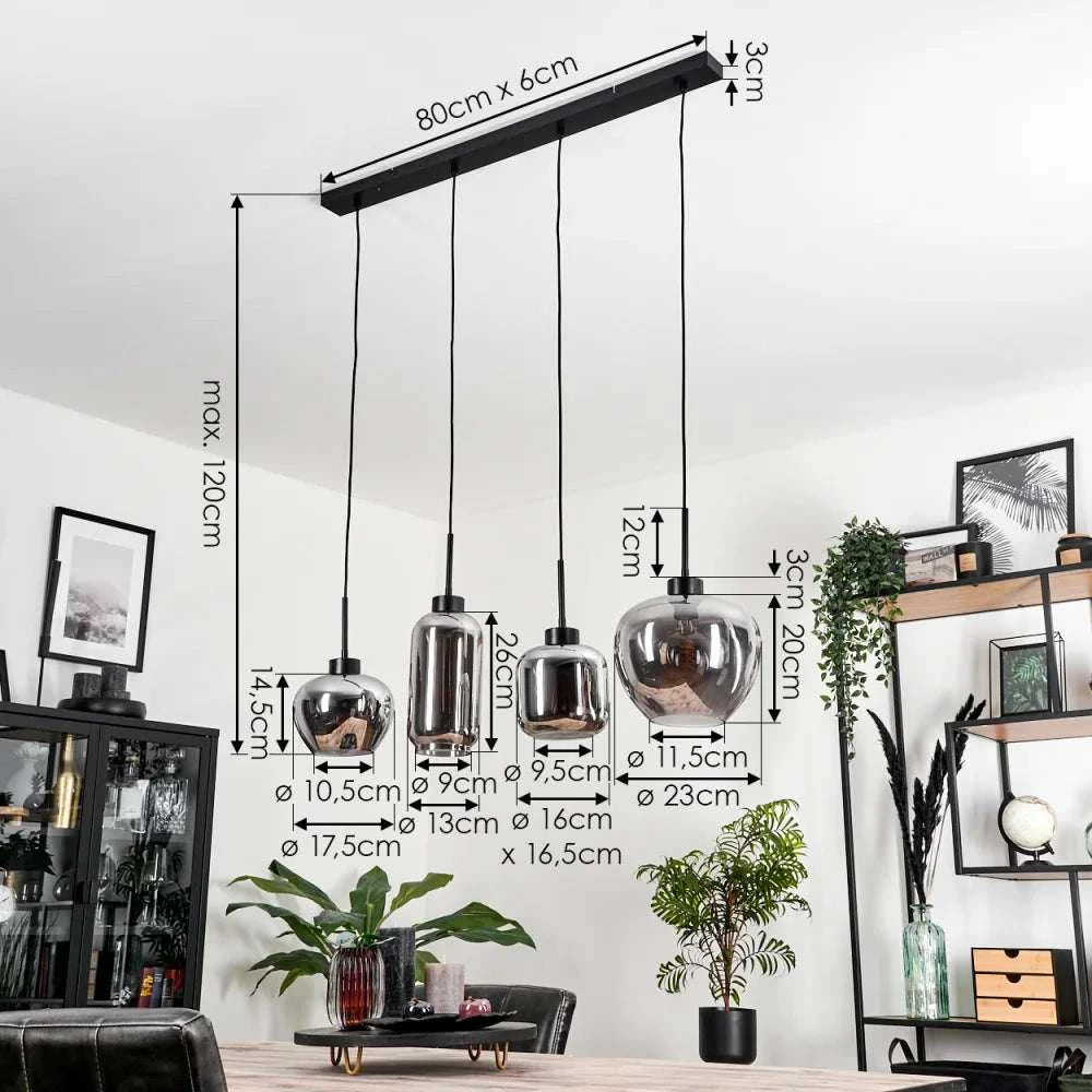 Modern Smoke Glass Pendant LightModern Smoke Glass Pendant Light Cluster with Mixed ShapesThis modern pendant light cluster features a unique arrangement of smoke glass shades in various shapes, each with an exposed filament bulb for a warm, ambient glow.Pendant LightingWadi Home