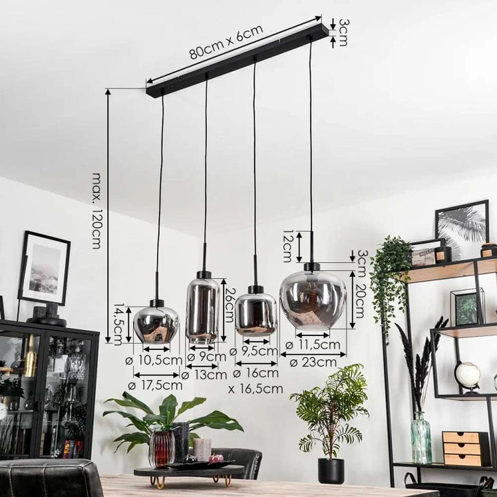 Modern Smoke Glass Pendant LightModern Smoke Glass Pendant Light Cluster with Mixed ShapesThis modern pendant light cluster features a unique arrangement of smoke glass shades in various shapes, each with an exposed filament bulb for a warm, ambient glow.Pendant LightingWadi Home