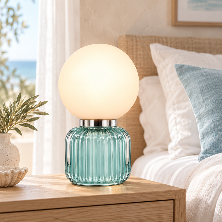Aqua Ribbed Glass Globe Table Lamp
