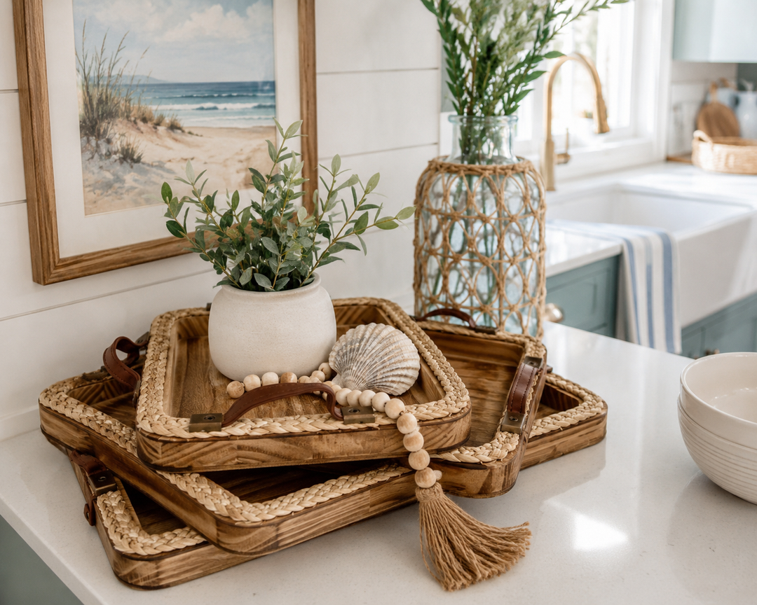 Rustic Woven Serving Tray Set