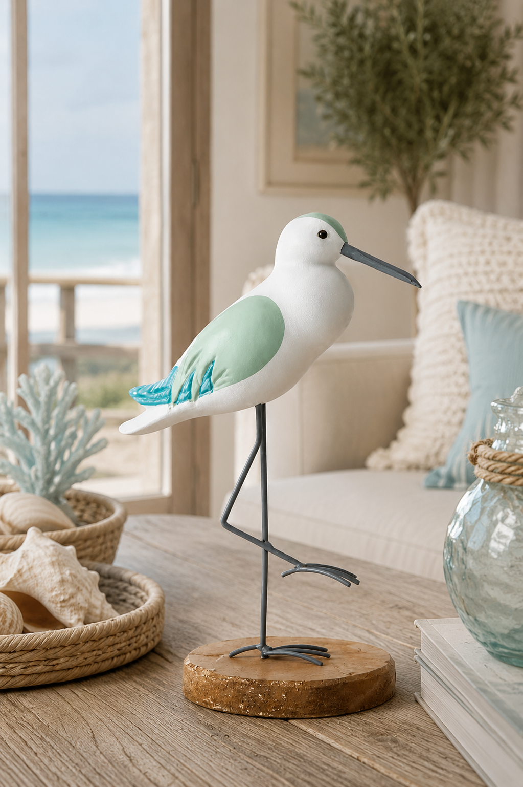 Coastal Decorative Shore Bird Sculpture on Wooden Base