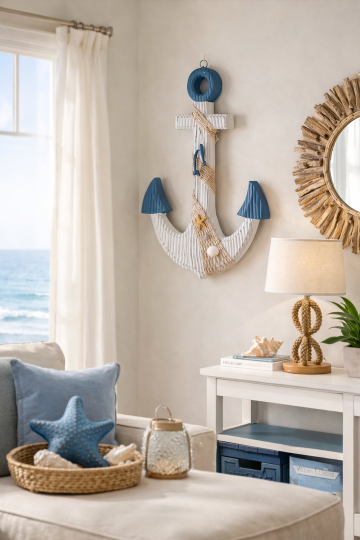 Coastal Anchor Wall Décor with handcrafted rope detailing for nautical interiors