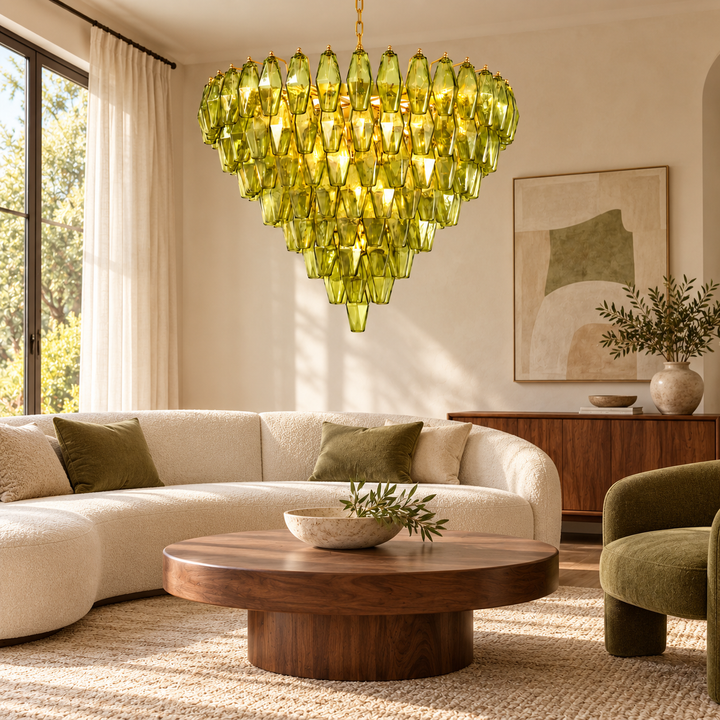 Olive Green Glass Crystal Chandelier with Gold Finish