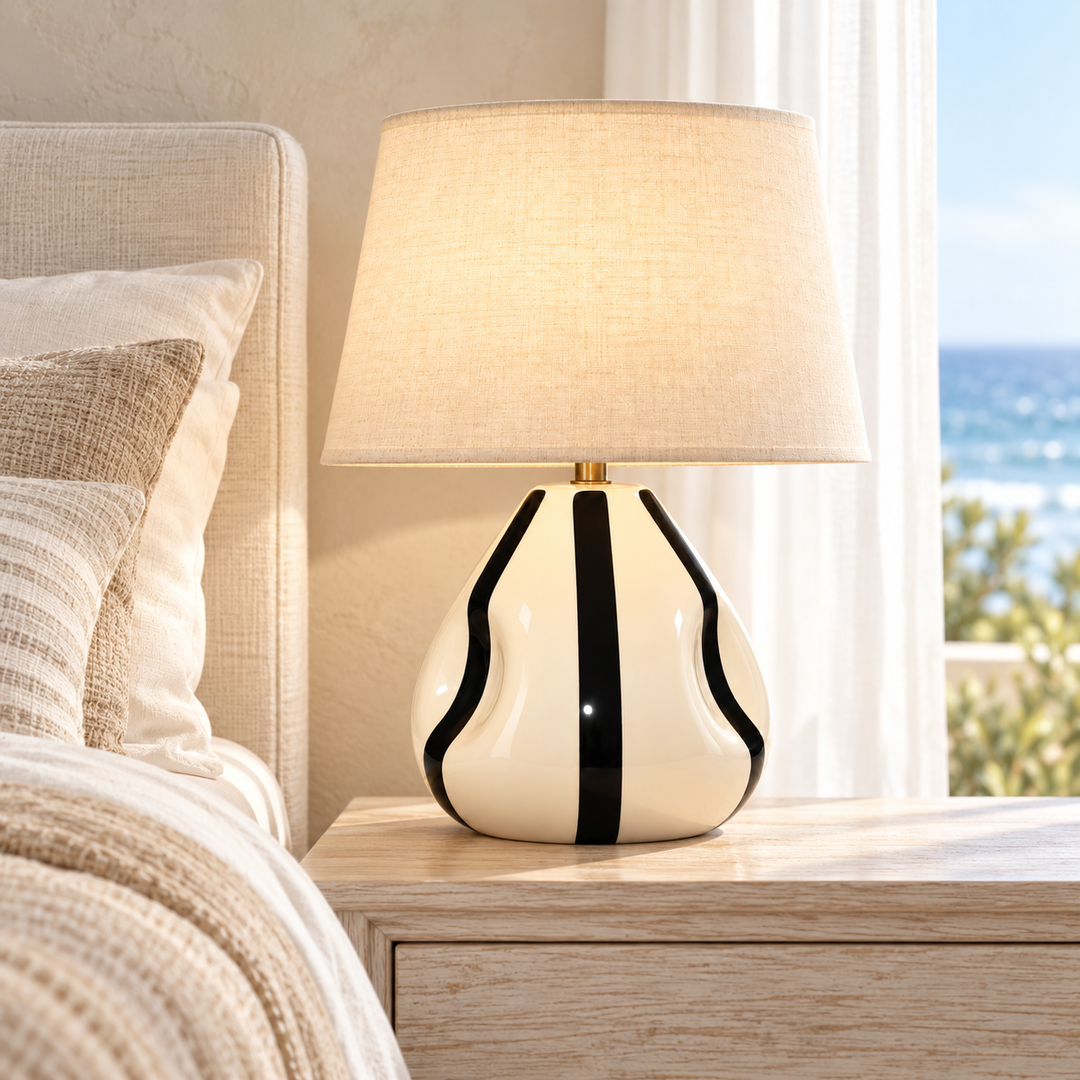 Cream and Black Striped Ceramic Table Lamp