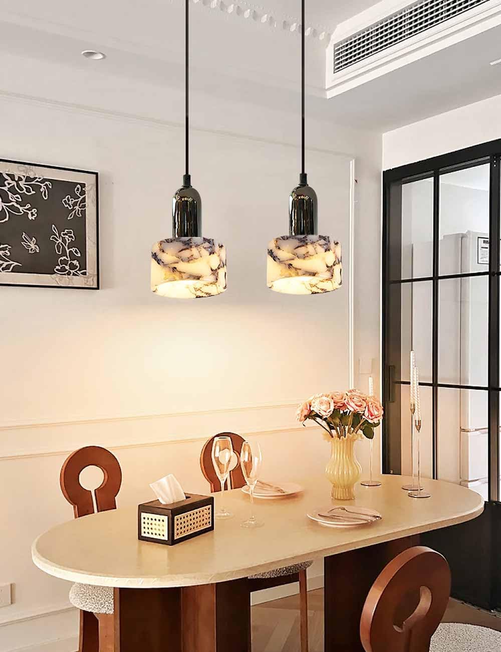 White Marble Cylinder Pendant Light with Black Socket