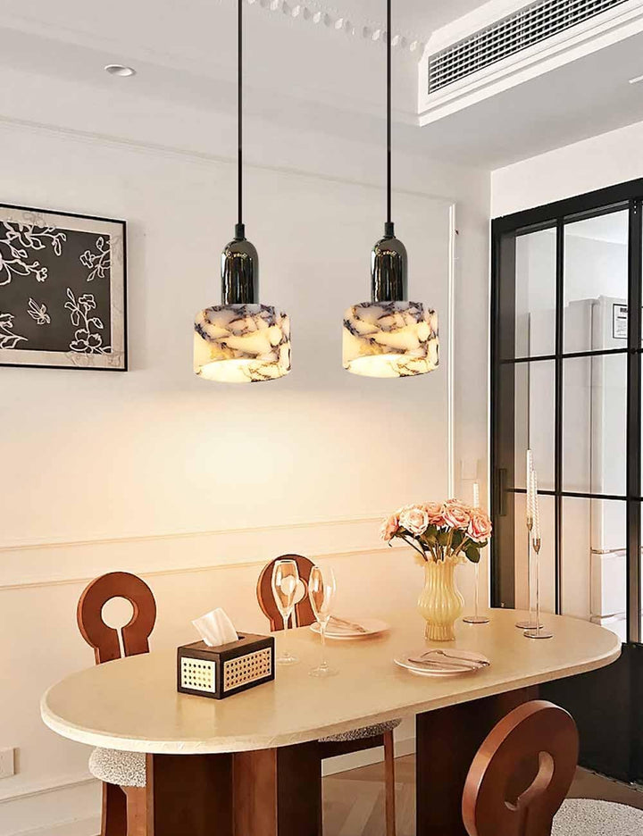 White Marble Cylinder Pendant Light with Black Socket