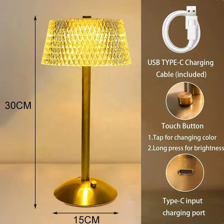Crystal Shade Rechargeable Gold Table Lamp