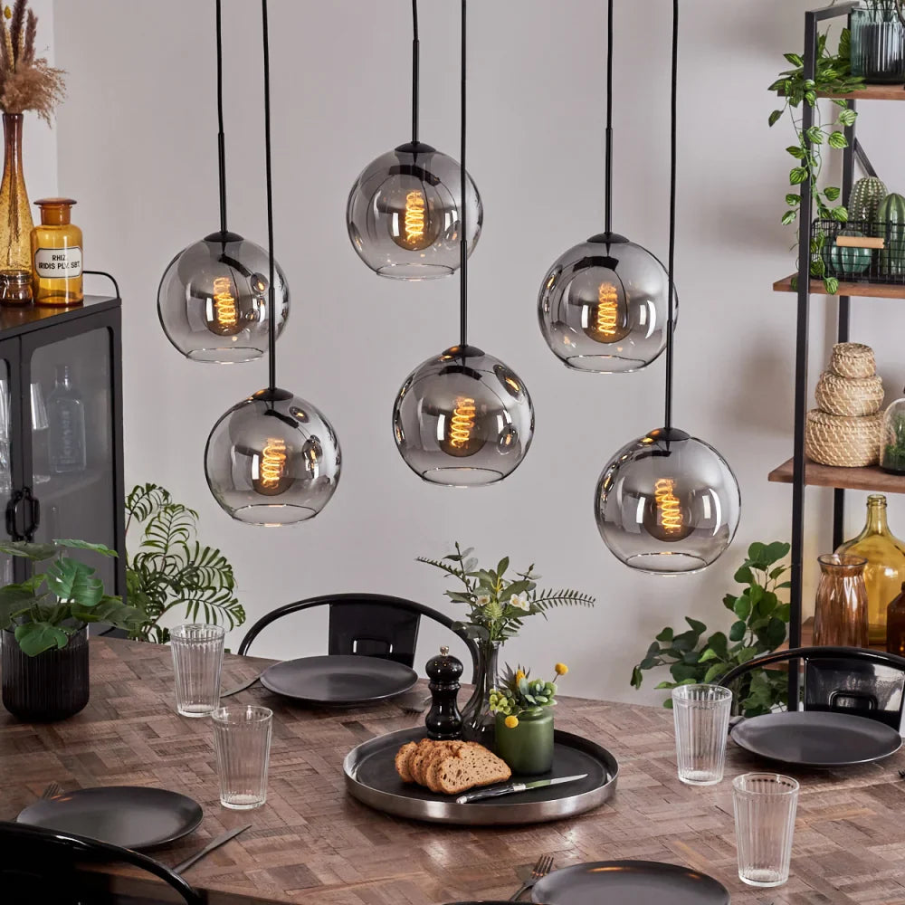 Contemporary Smoky Glass Globe Pendant Cluster Light