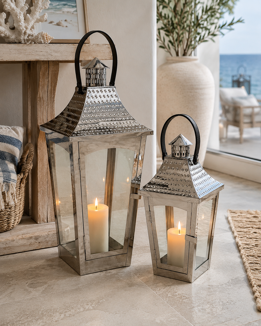 Set of 2 Silver Metal Decorative Candle Lanterns