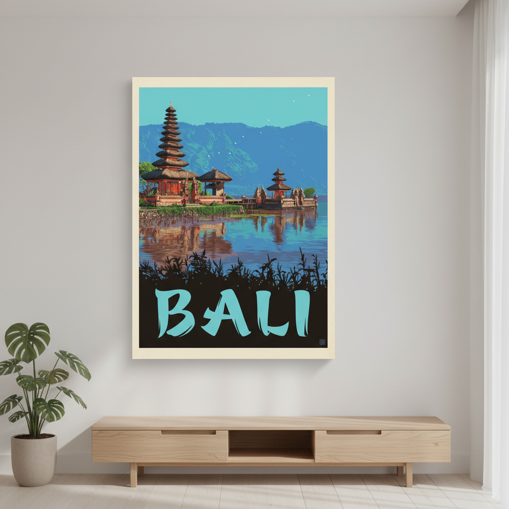 Bali Indonesia vintage travel poster canvas with traditional temple and tropical mountains