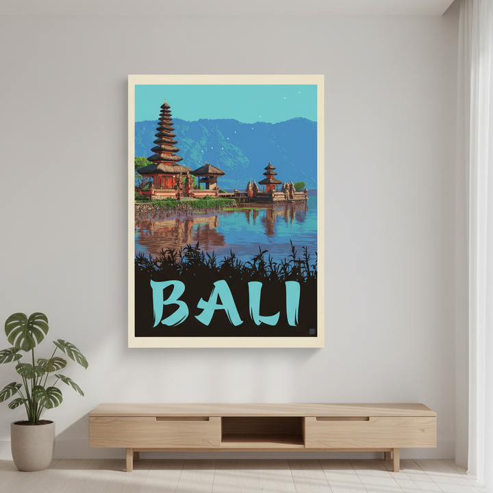 Bali Indonesia vintage travel poster canvas with traditional temple and tropical mountains