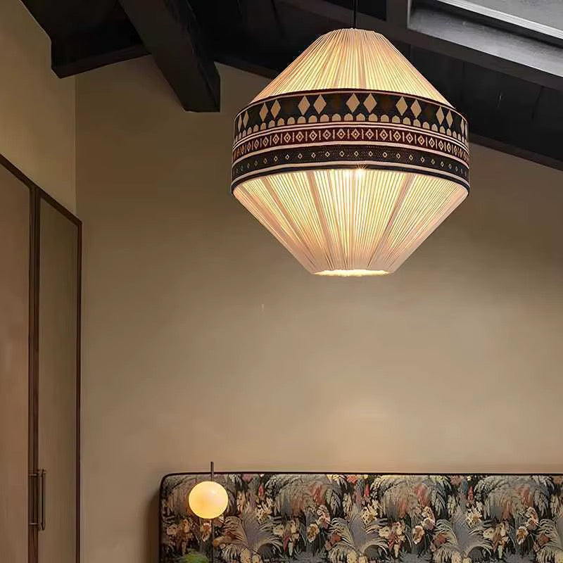 Geometric Patterned Pendant Lights with Ribbed Cream Shades