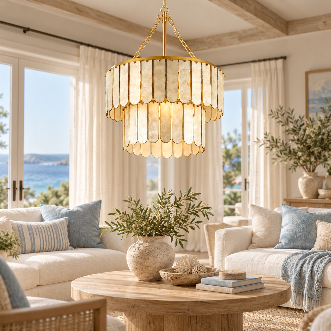 White Shell Panel Gold Drum Chandelier
