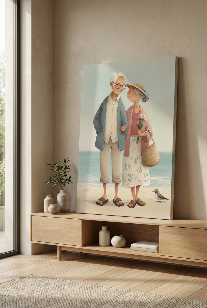 Elderly Couple by the Sea Canvas Art