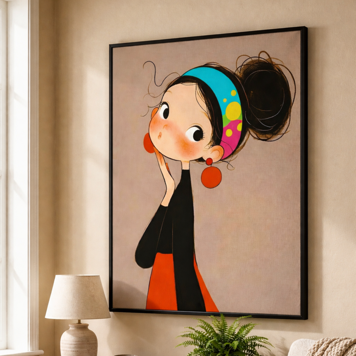 Living room with a colorful wall art of a stylized girl, wooden sideboard, and beige sofa.