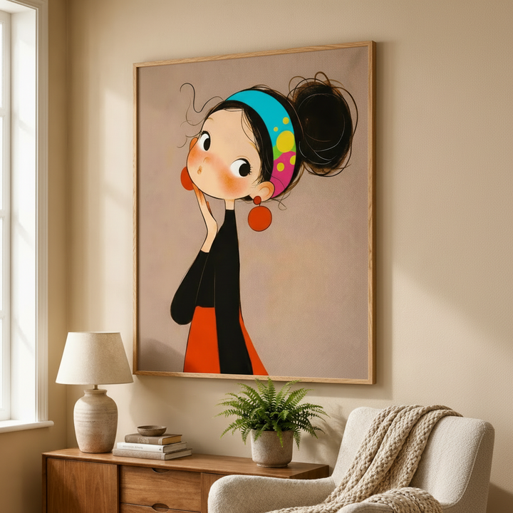 Framed artwork of a stylized woman's portrait on a wall in a living room.