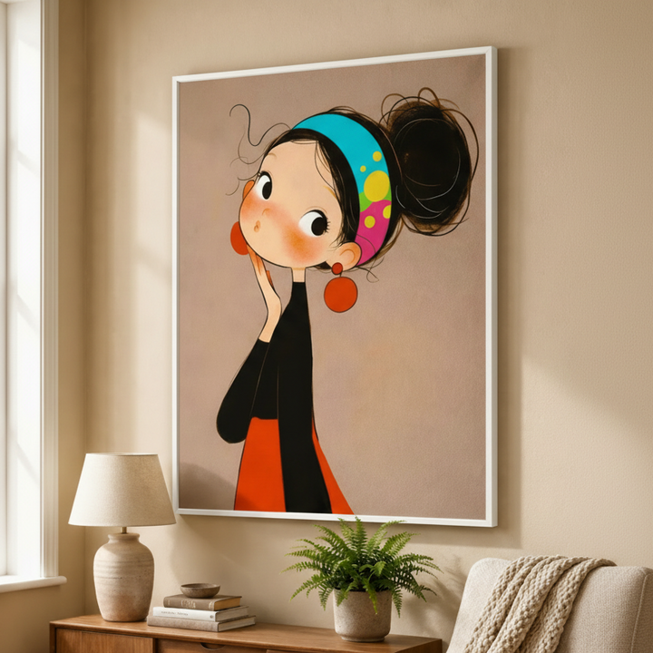 Framed artwork of a stylized woman on a wall above a wooden side table with decor items.