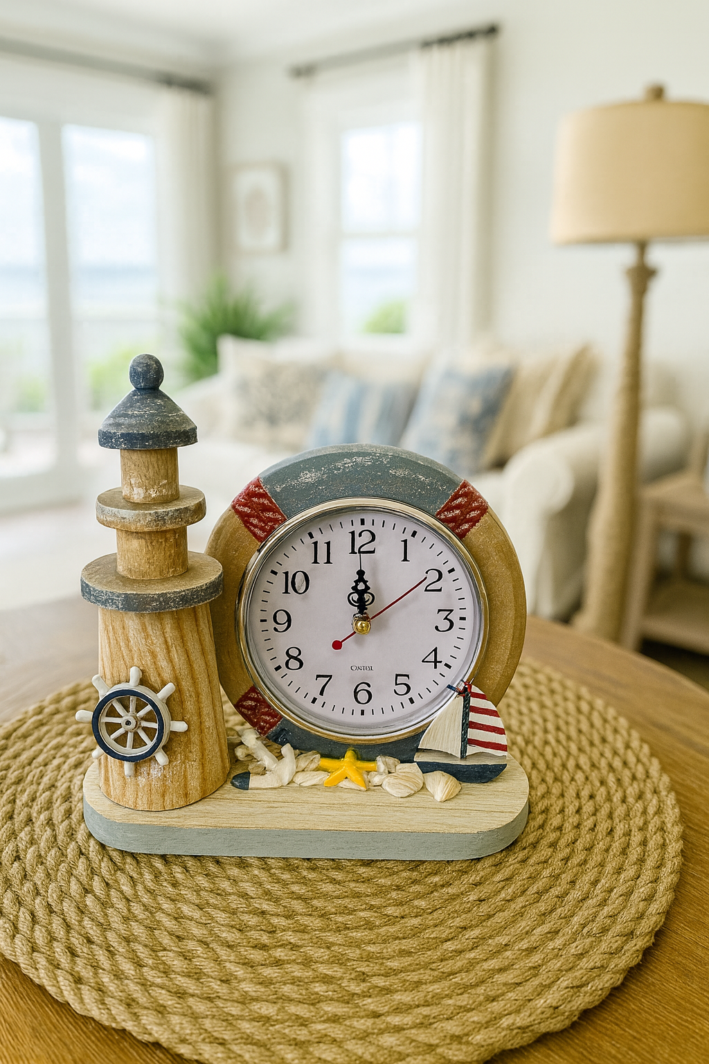 Decorative nautical table clock with lighthouse, ship wheel, seashells, and sailboat – coastal beach house décor.