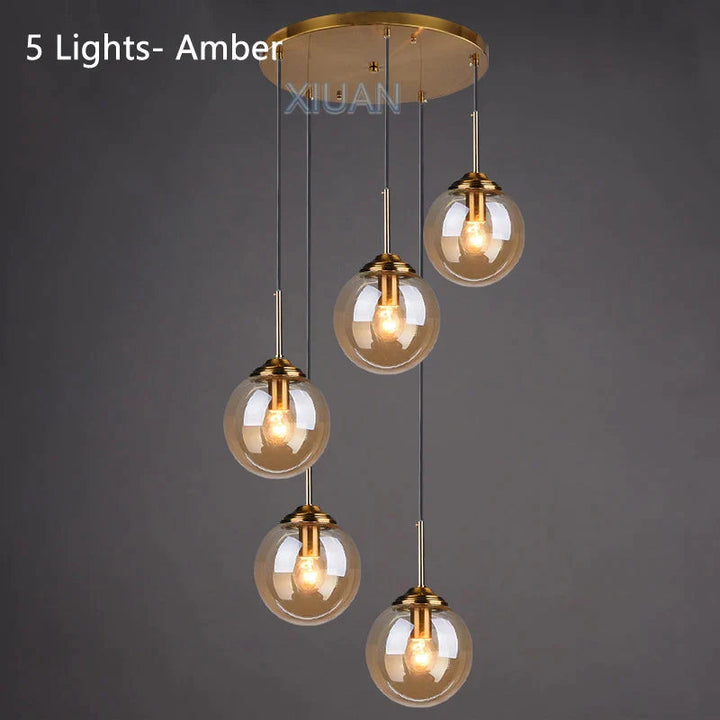 Modern 5-Light Globe Pendant Light with Smoked Glass and Brass Finish