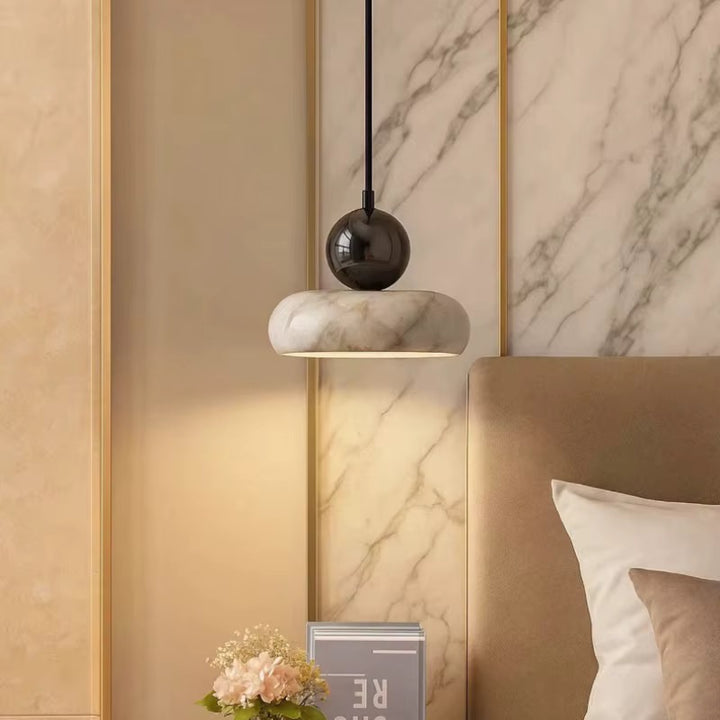 Amber Alabaster and Black Globe Pendant Light