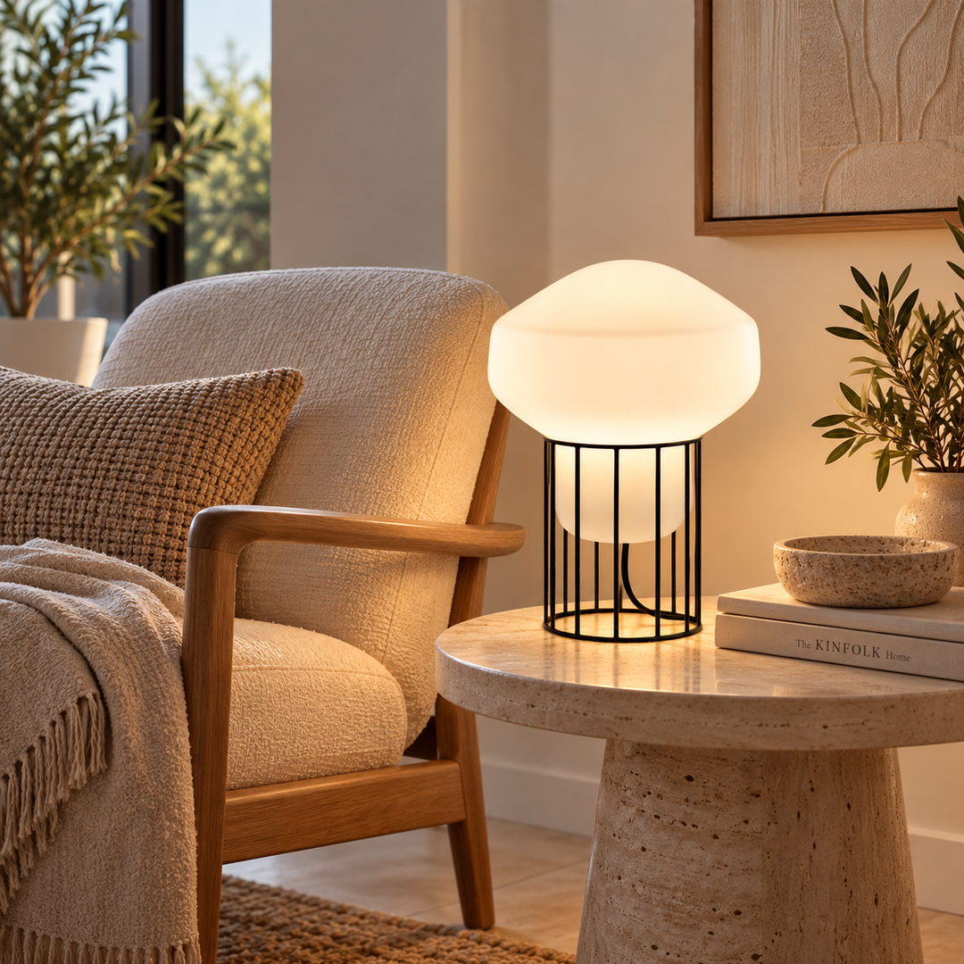 Modern White Globe Table Lamp with Black Metal Cage Base