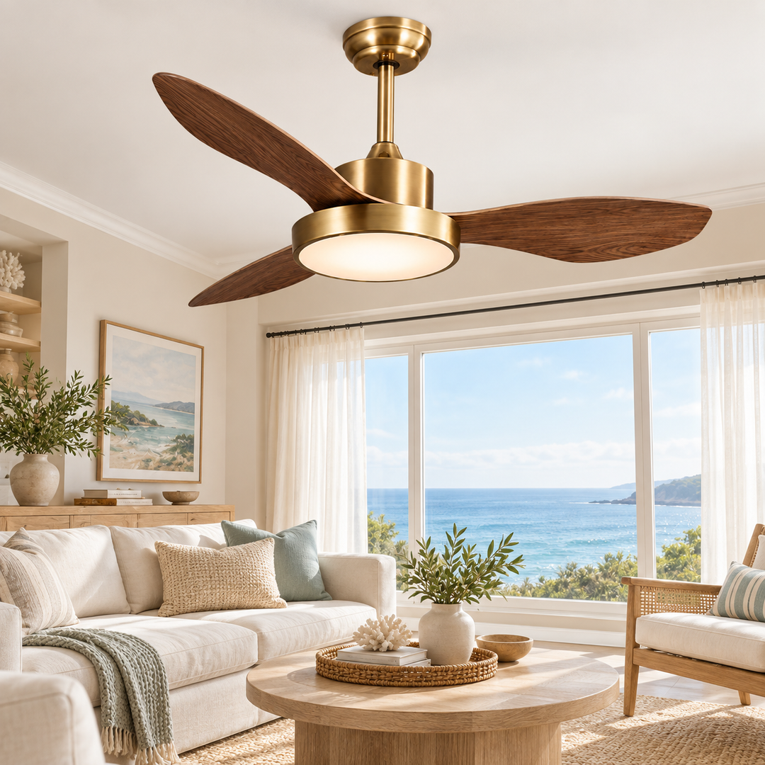 Elegant Wooden Ceiling Fan with Brass Accents