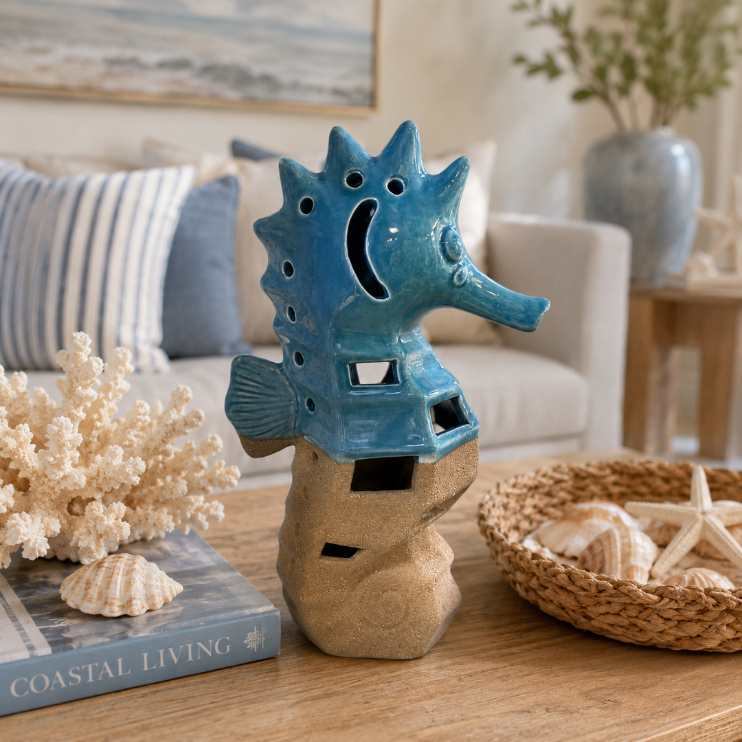 Coastal Blue Ceramic Seahorse Tealight Holder