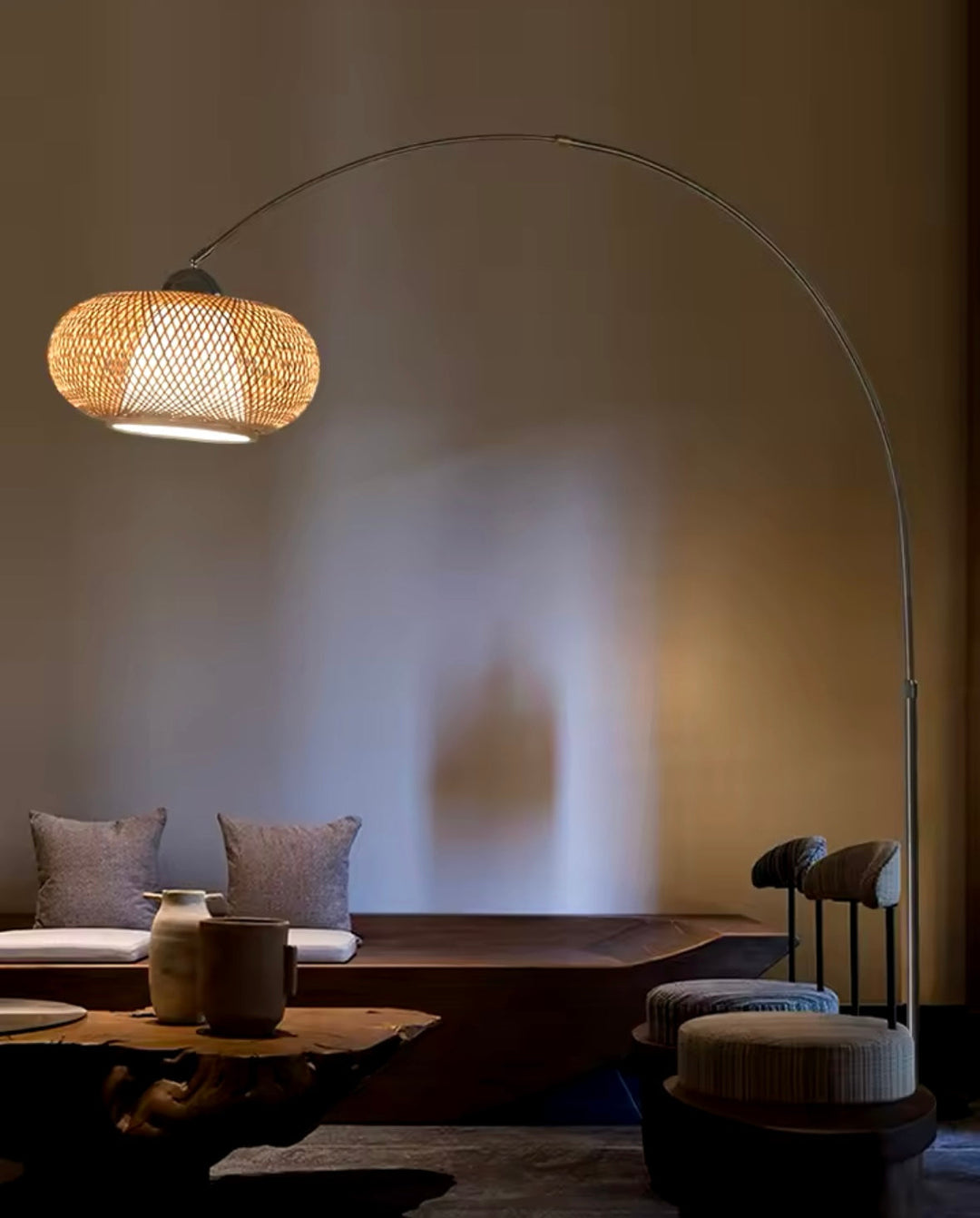 Modern Arc Floor Lamp with Woven Rattan Shade