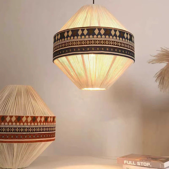 Geometric Patterned Pendant Lights with Ribbed Cream Shades