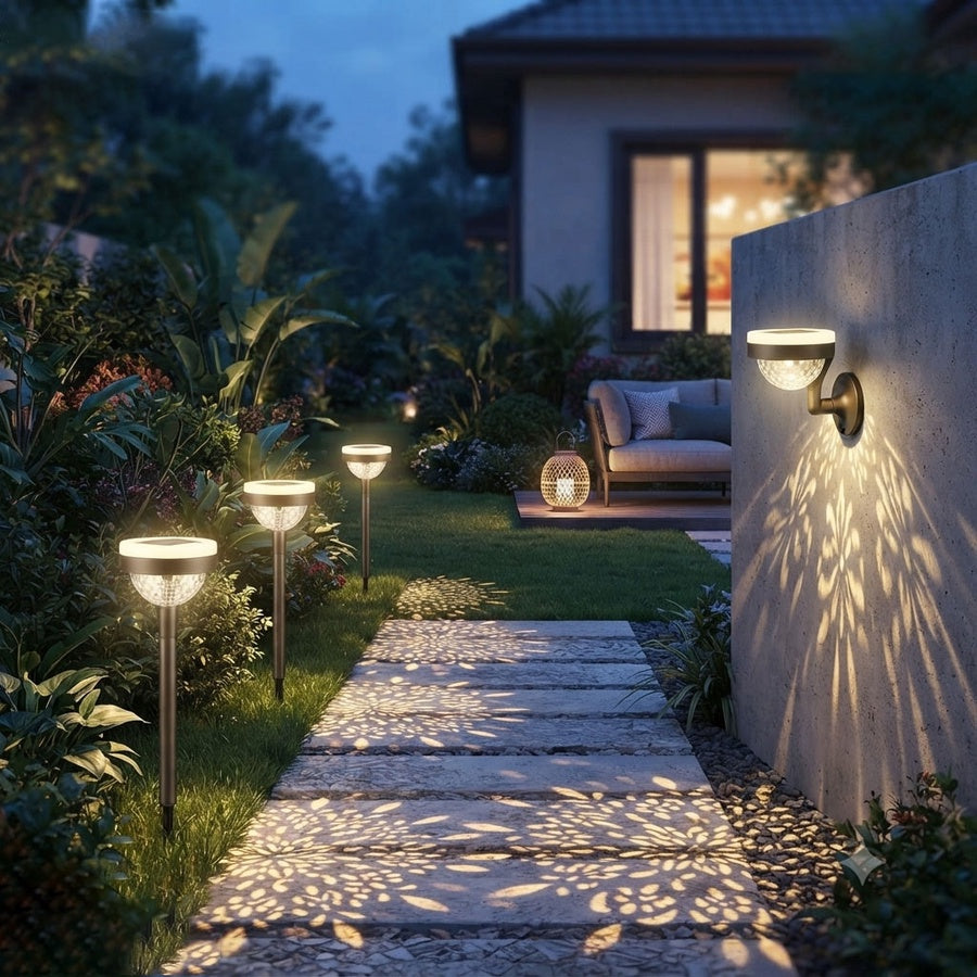 Two black-and-white solar outdoor lights, one with a garden stake and one wall-mounted