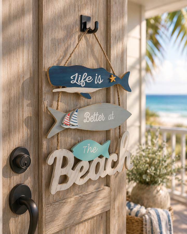 Rustic wooden hanging sign with beach quote for coastal decor