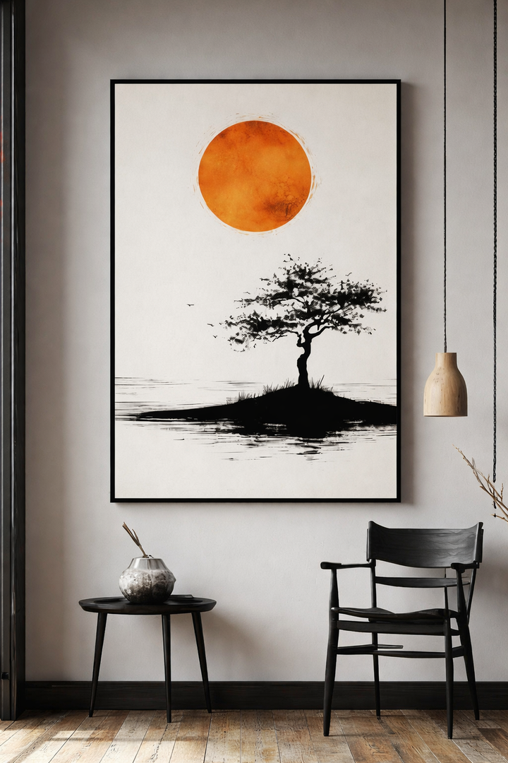 Minimalist Tree & Sun Framed Wall Art