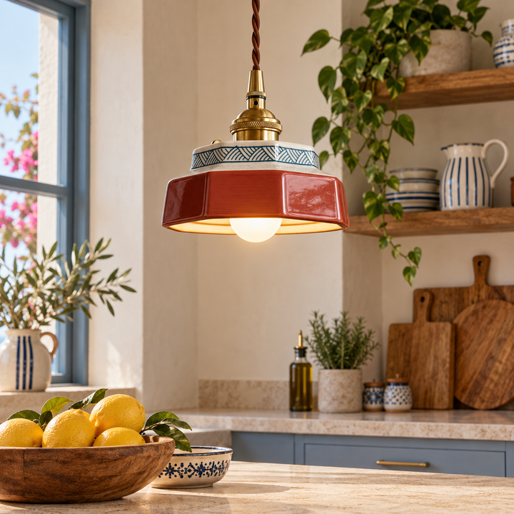 Vintage Red Enamel Pendant Light with Brass Fittings – 15 cm