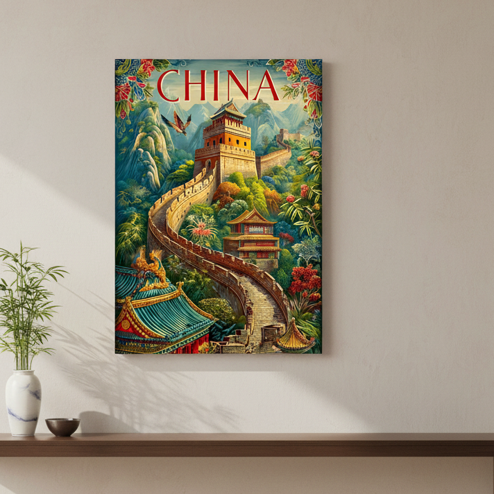 Vintage travel poster of the Great Wall of China on canvas with colorful mountains and traditional temples