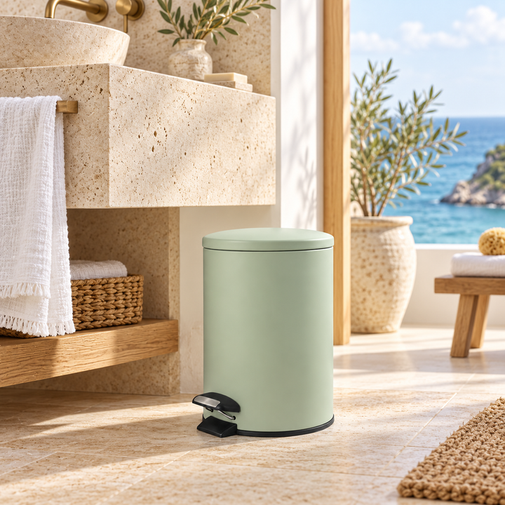 Sage Green Round Metal Pedal Bin with Soft-Close Lid (5 L)