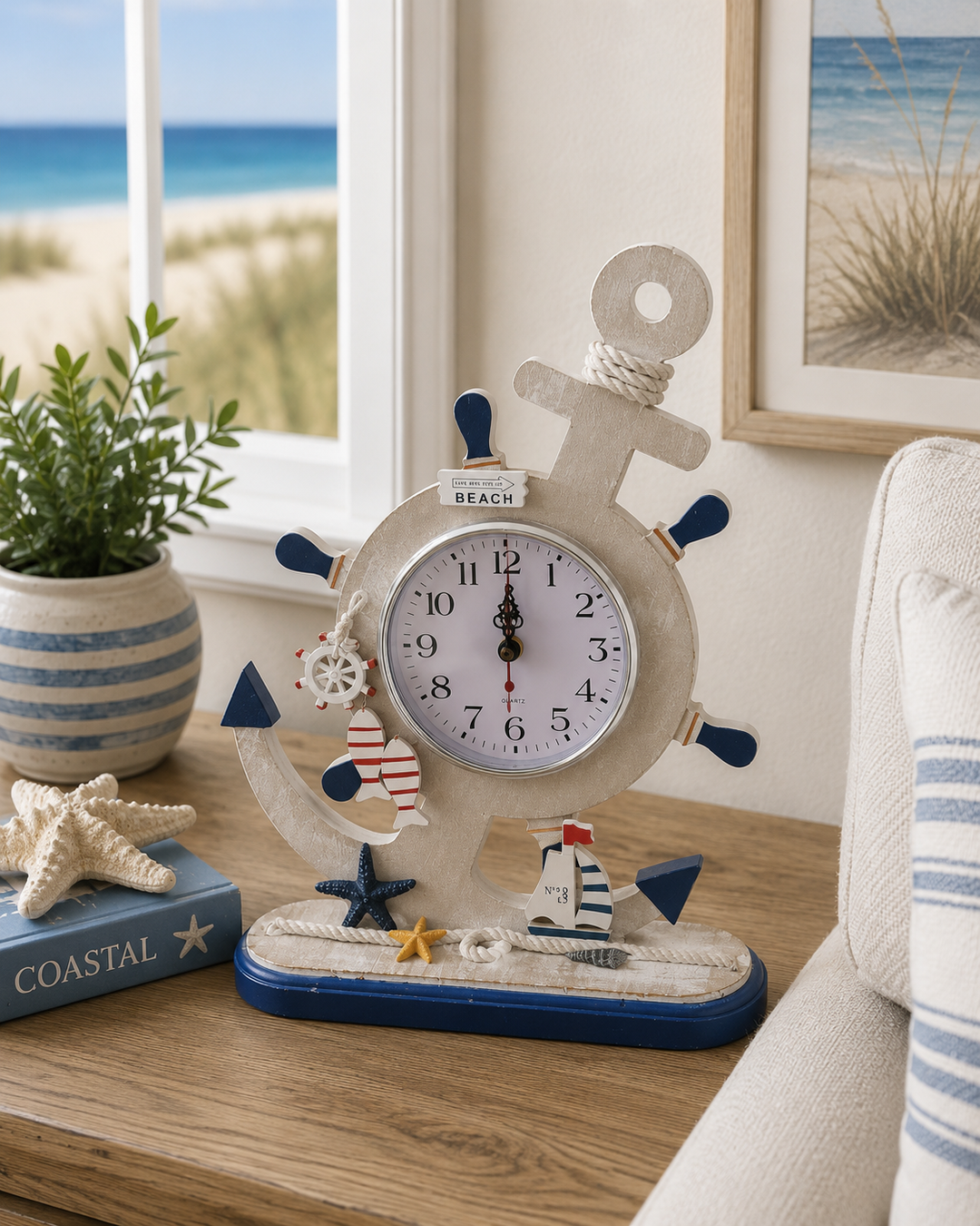 Nautical Table Clock with Anchor & Ship Wheel Design