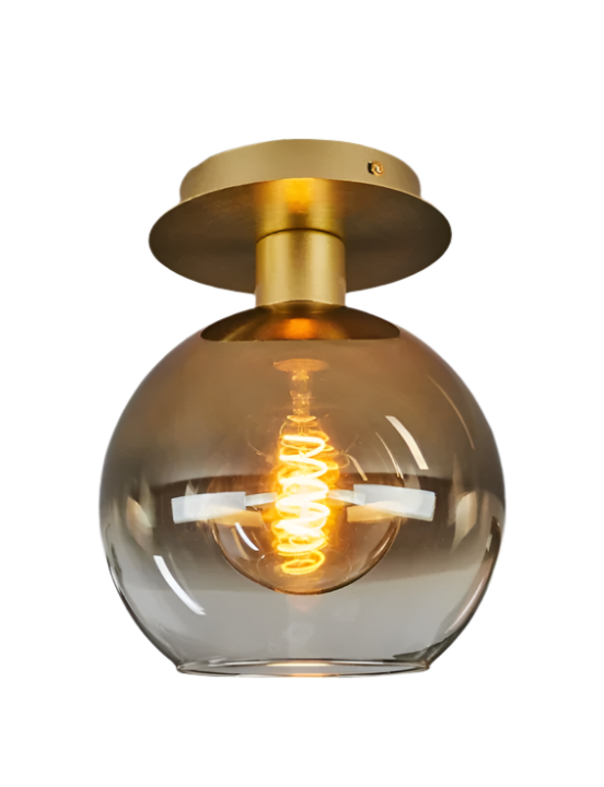 Modern Amber Glass Globe Ceiling Light with Brass Base