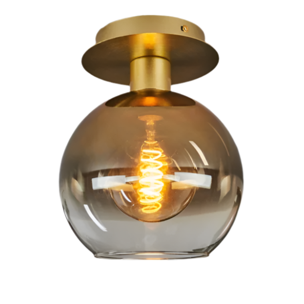 Modern Amber Glass Globe Ceiling Light with Brass Base