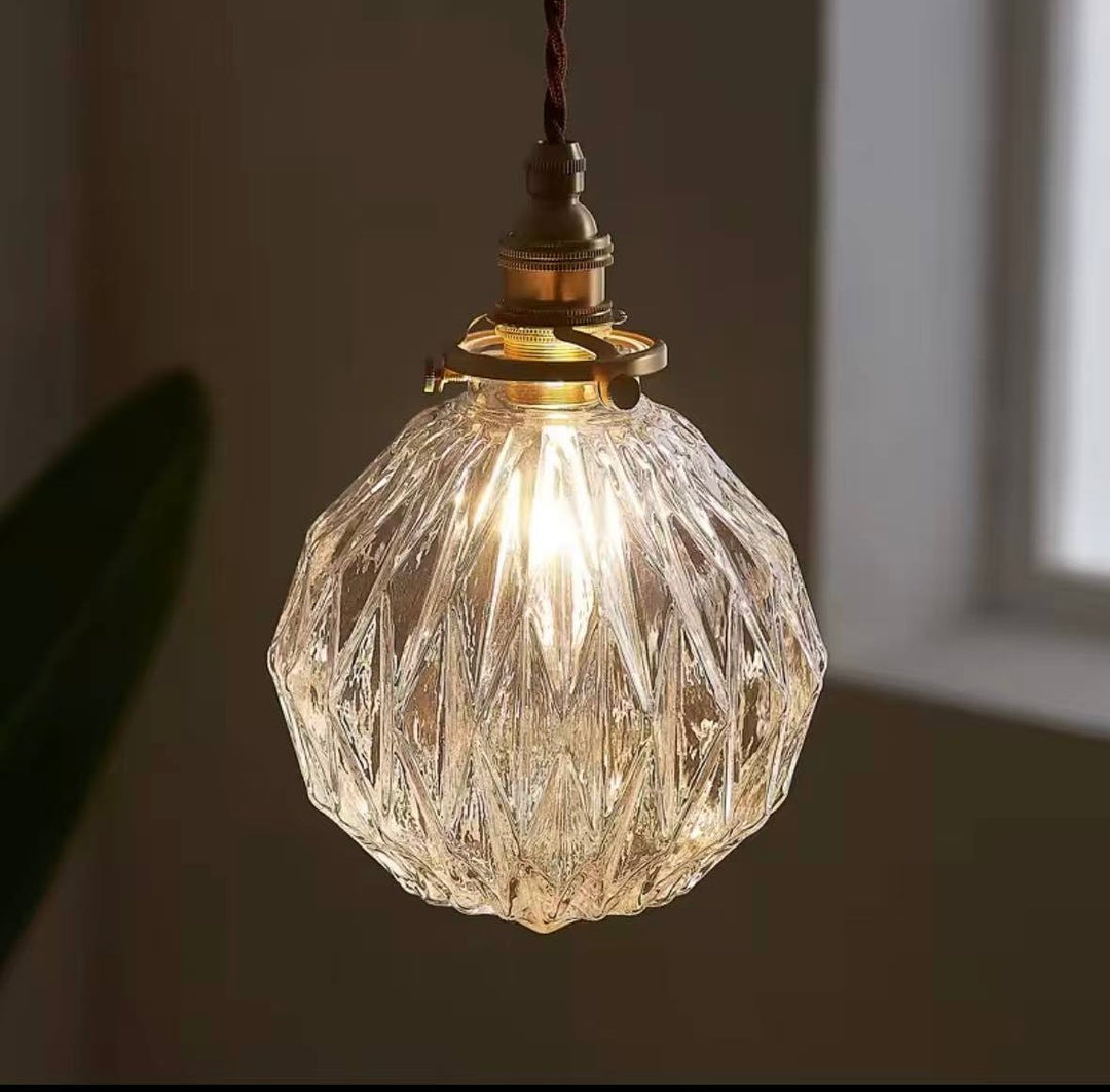 Vintage clear crystal glass pendant light with antique brass fitting